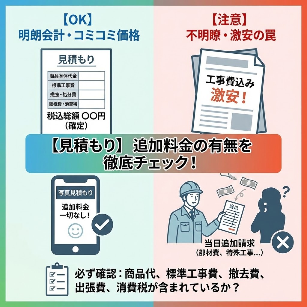 ガス給湯器交換の見積もりで追加料金の有無を徹底チェックするためのインフォグラフィック。左側は「明朗会計・コミコミ価格」として、商品代、標準工事費、撤去・処分費、諸経費・消費税を含んだ税込総額が確定している見積書と、写真見積もりで「追加料金一切なし」を約束するスマホ画面を示し、推奨される良い例としている。右側は「注意：不明瞭・激安の罠」として、「工事費込み激安」とだけ書かれたチラシと、工事当日に部材費や特殊工事費で高額な当日追加請求をされ困惑する人物を描き、避けるべき悪い例として警告している。下部には、商品代、標準工事費、撤去費、出張費、消費税が見積もりに含まれているか必ず確認するよう促すチェックリストが記載されている。
