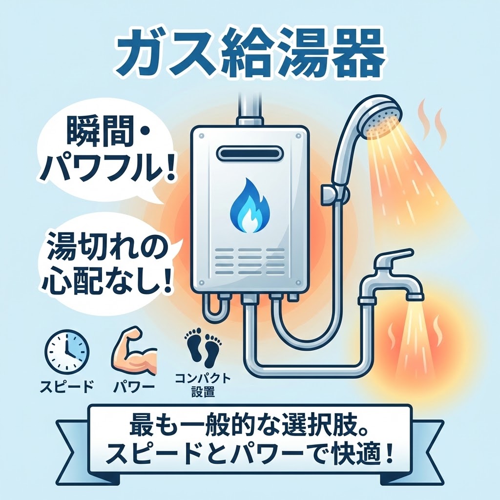 ガス給湯器の特徴を示すイラスト。「瞬間・パワフル」「湯切れの心配なし」というテキストと共に、壁掛け型給湯器からシャワーと蛇口にお湯が勢いよく出る様子が描かれている。スピード、パワー、コンパクト設置を示すアイコンもあり、最も一般的な選択肢であることを強調している。