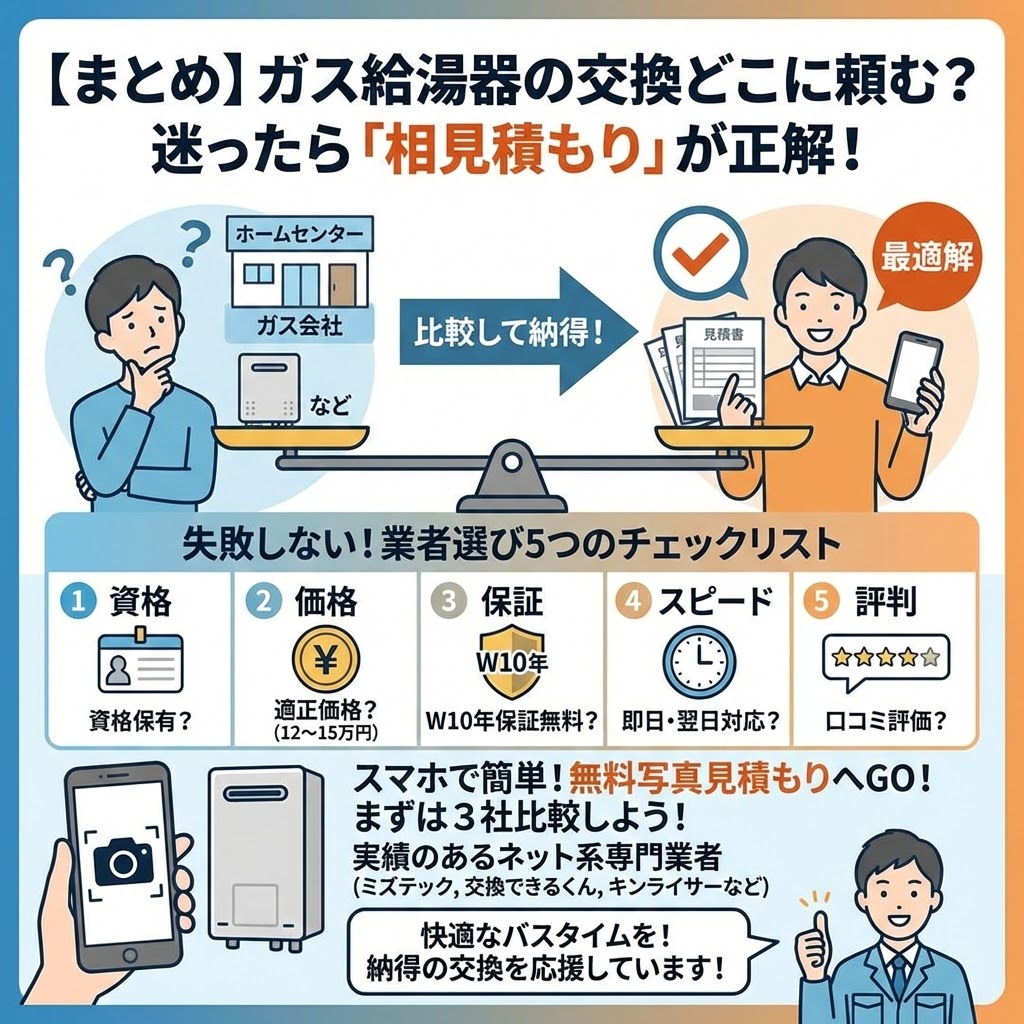 ガス給湯器の交換依頼先選びのまとめインフォグラフィック。「迷ったら『相見積もり』が正解」とし、複数の見積もりを比較して最適解を見つけるプロセスを図解。失敗しない業者選びの5つのチェックリスト（資格、適正価格、W10年無料保証、即日スピード対応、口コミ評判）を提示し、スマホで簡単に無料写真見積もりができる実績のあるネット系専門業者（ミズテック、交換できるくん、キンライサーなど）での比較を推奨。納得のいく交換を応援するメッセージが添えられている。