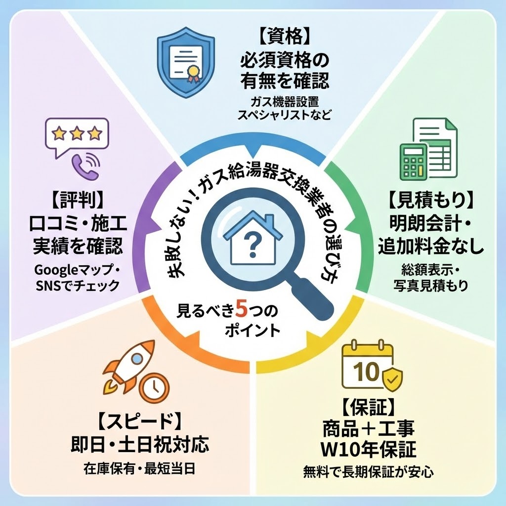 失敗しないガス給湯器交換業者の選び方、見るべき5つのポイントをまとめたインフォグラフィック。中央の「失敗しない！ガス給湯器交換業者の選び方」というタイトルを中心に、【資格】必須資格の有無、【見積もり】明朗会計・追加料金なし、【保証】商品・工事W10年保証、【スピード】即日・土日祝対応、【評判】口コミ・施工実績の確認という5つの重要項目が、それぞれのアイコンと解説テキストで分かりやすく図解されている。