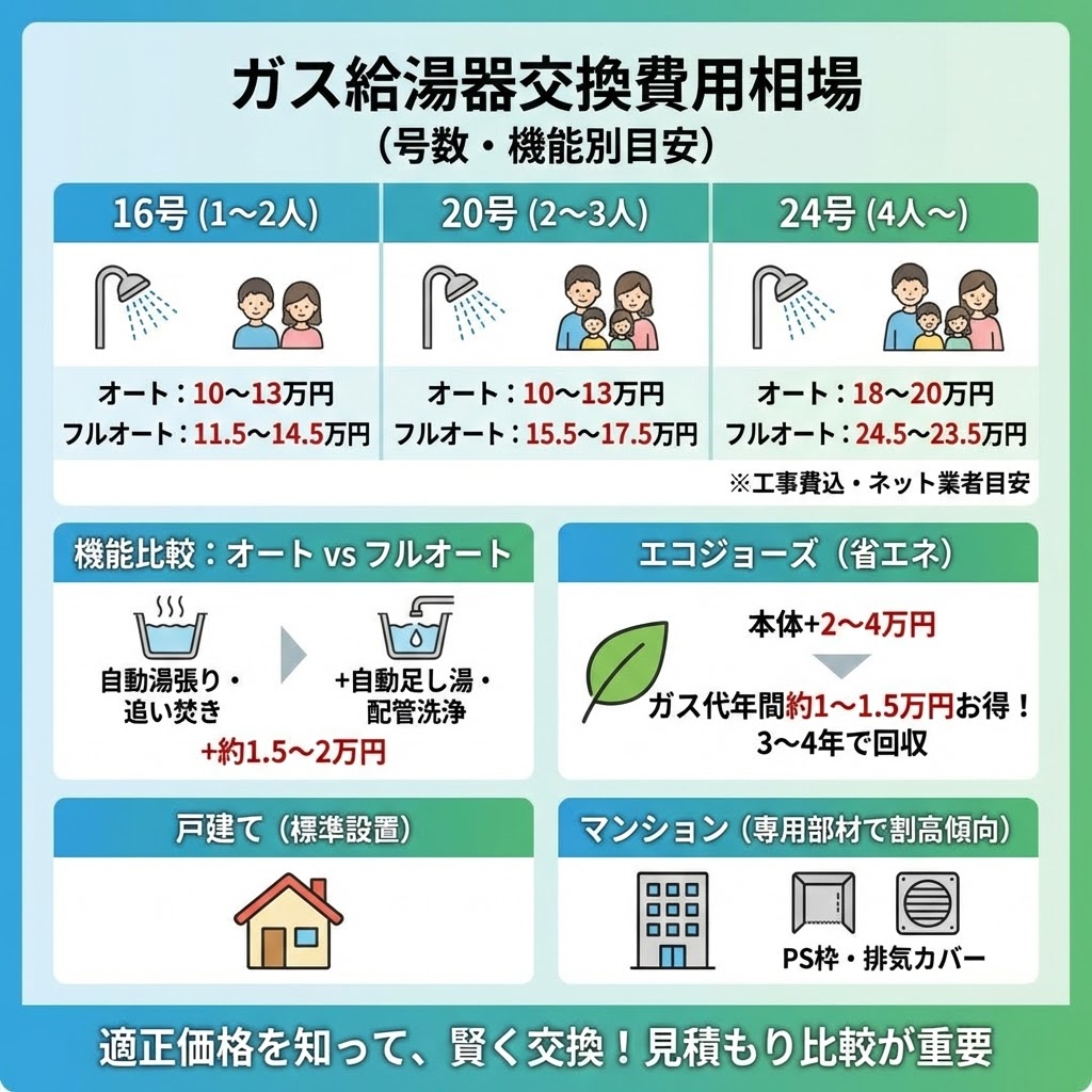 ガス給湯器交換費用の相場（工事費込み、ネット業者目安）を号数（16号、20号、24号）と機能（オート、フルオート）別に示した表。機能比較（オート対フルオートの価格差）、エコジョーズの費用対効果（3〜4年で回収）、戸建てとマンション（専用部材により割高傾向）の設置による違いも図解。「適正価格を知って、賢く交換！見積もり比較が重要」というメッセージで締めくくられている。