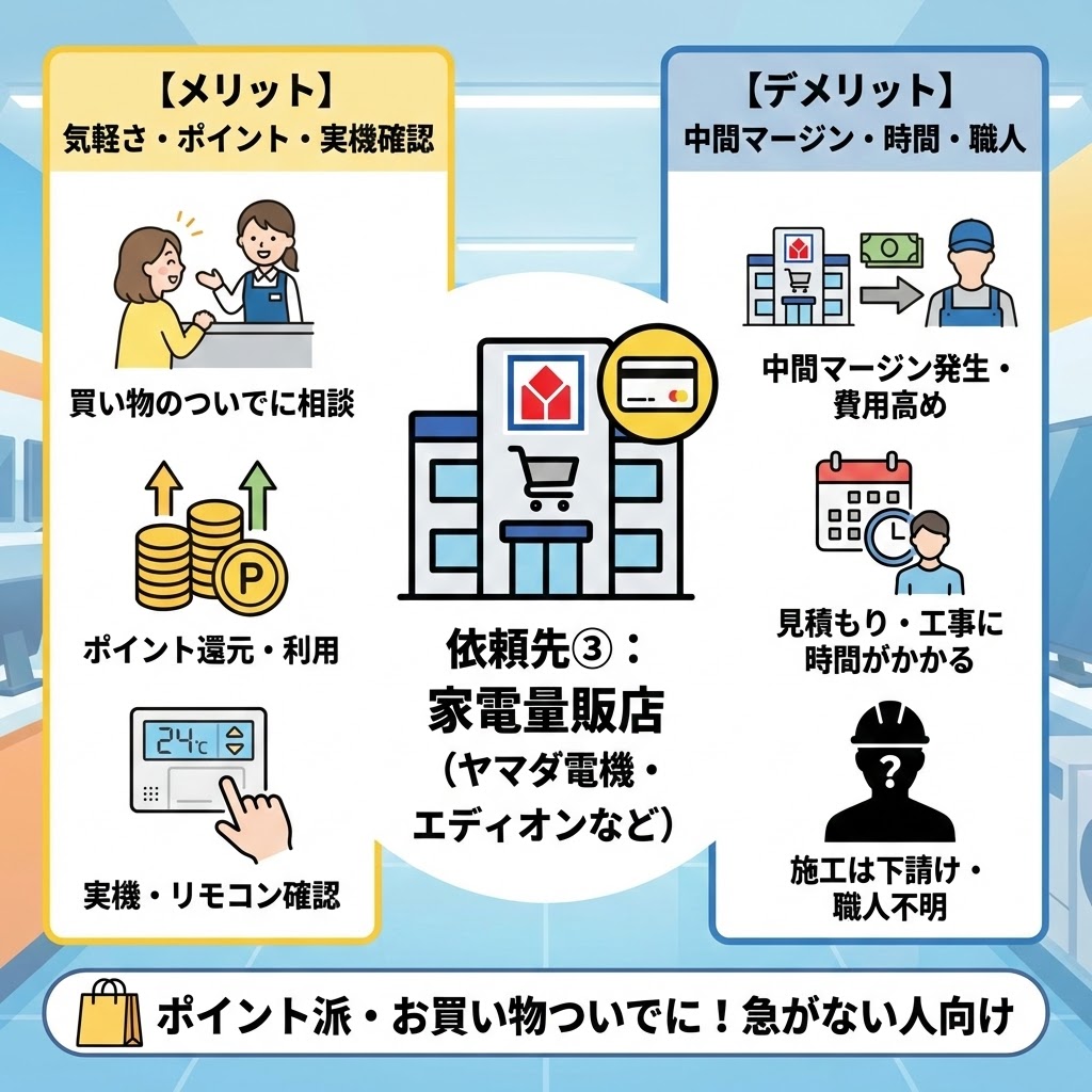 給湯器交換の依頼先③「家電量販店（ヤマダ電機・エディオンなど）」の特徴、メリット、デメリットをまとめたインフォグラフィック。メリットとして「気軽さ・ポイント・実機確認（買い物ついでに相談、ポイント還元・利用、実機・リモコン確認）」、デメリットとして「中間マージン・時間・職人（中間マージン発生・費用高め、見積もり・工事に時間がかかる、施工は下請け・職人不明）」をイラスト付きで解説。「ポイント派・お買い物ついでに！急がない人向け」であるとまとめています。