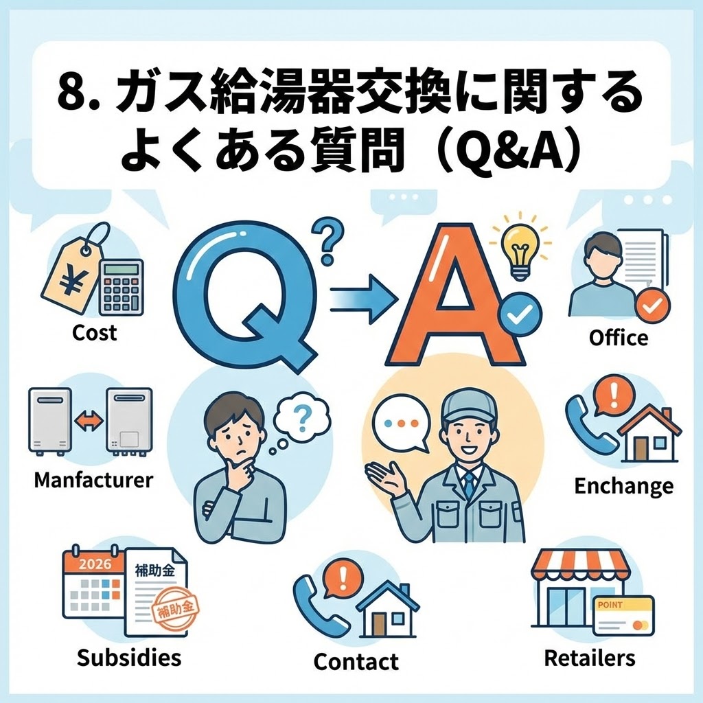 「8. ガス給湯器交換に関するよくある質問（Q&A）」と題されたインフォグラフィック。中央の大きな「Q」と「A」の文字を中心に、疑問を持つ男性と回答する作業員のイラストが描かれている。周囲には、費用（Cost）、メーカー比較（Manufacturer）、2026年の補助金（Subsidies）、緊急時の連絡先（Contact）、交換作業（Exchange）、小売店（Retailers）など、給湯器交換に関する一般的な質問テーマを示すアイコンが配置され、視覚的にQ&Aのイメージを伝えている。