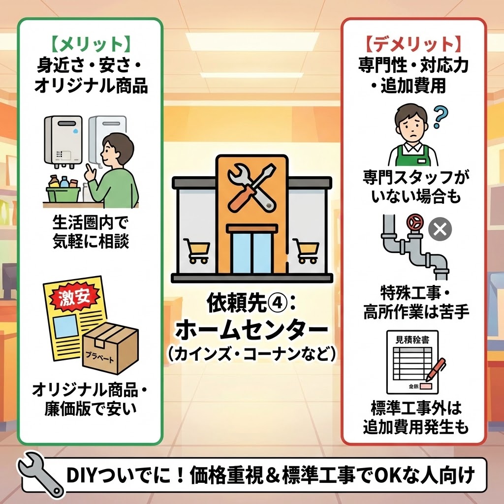 給湯器交換の依頼先④「ホームセンター（カインズ・コーナンなど）」の特徴、メリット、デメリットをまとめたインフォグラフィック。メリットとして「身近さ・安さ・オリジナル商品（生活圏内で気軽に相談、オリジナル商品・廉価版で安い）」、デメリットとして「専門性・対応力・追加費用（専門スタッフがいない場合も、特殊工事・高所作業は苦手、標準工事外は追加費用発生も）」をイラスト付きで解説。「DIYついでに！価格重視＆標準工事でOKな人向け」とまとめています。