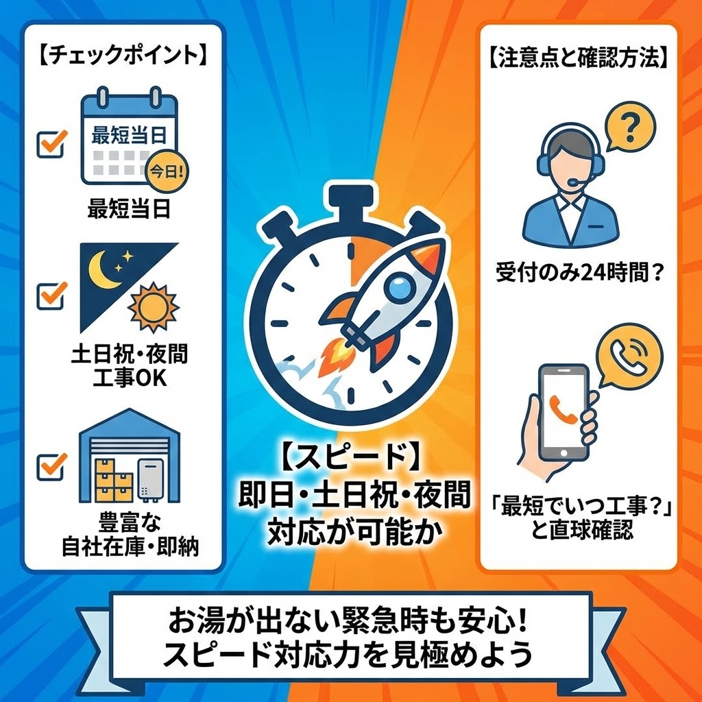 給湯器交換業者のスピード対応を確認するためのチェックポイントと注意点をまとめたインフォグラフィック。中央に「【スピード】即日・土日祝・夜間対応が可能か」というタイトルとロケットのアイコン。左側の「【チェックポイント】」には、「最短当日」「土日祝・夜間工事OK」「豊富な自社在庫・即納」のアイコンとテキスト。右側の「【注意点と確認方法】」には、「受付のみ24時間？」「『最短でいつ工事？』と直球確認」のアイコンとテキスト。下部に「お湯が出ない緊急時も安心！スピード対応力を見極めよう」というメッセージがある。