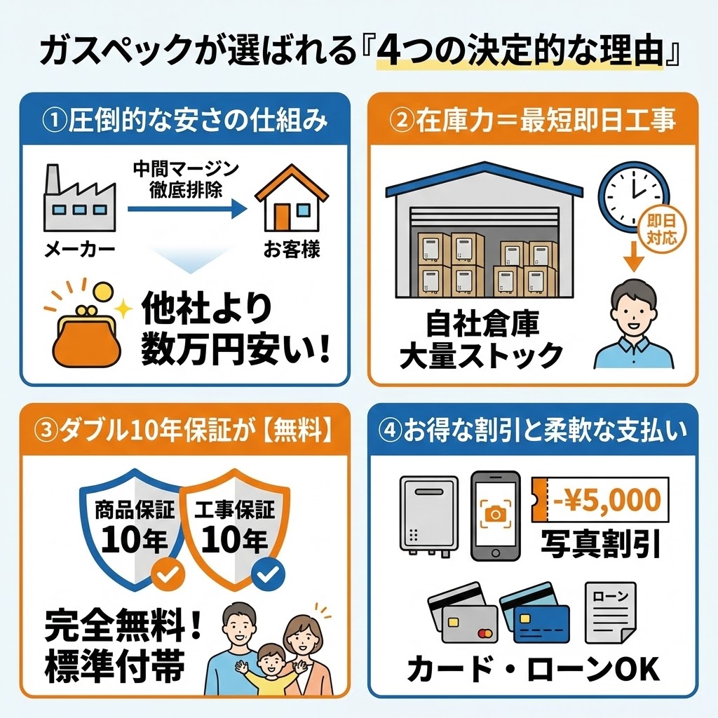 ガスペックが選ばれる「4つの決定的な理由」のインフォグラフィック。①圧倒的な安さ（中間マージン排除）、②在庫力による最短即日工事、③商品・工事ダブル10年保証が無料、④写真割引やカード・ローン対応のお得な支払い方法を図解。