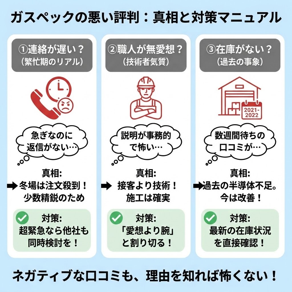 ガスペックの悪い評判：真相と対策マニュアルというインフォグラフィック。3つのネガティブな口コミとその真相、対策を図解。「①連絡が遅い？」は繁忙期の注文殺到が理由で、対策は他社も同時検討。「②職人が無愛想？」は技術者気質が理由で、対策は腕と割り切る。「③在庫がない？」は過去の半導体不足が理由で現在は改善、対策は直接確認。下部に「ネガティブな口コミも、理由を知れば怖くない！」のメッセージ。