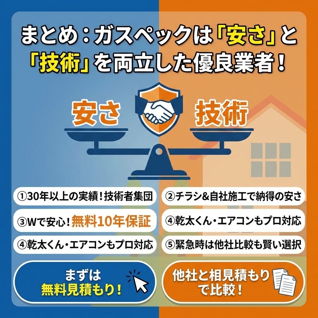 ガスペックのサービスに関するまとめのインフォグラフィック。「安さ」と「技術」が釣り合った天秤のイラストとともに、「ガスペックは『安さ』と『技術』を両立した優良業者！」という結論が示されている。主な特徴として、30年以上の実績を持つ技術者集団であること、チラシ集客と自社施工による納得の安さ、商品と工事の無料10年保証、乾太くんやエアコン工事への対応力などが挙げられている。最後に「まずは無料見積もり！」と「他社と相見積もりで比較！」のボタンが配置され、次のアクションを促している。