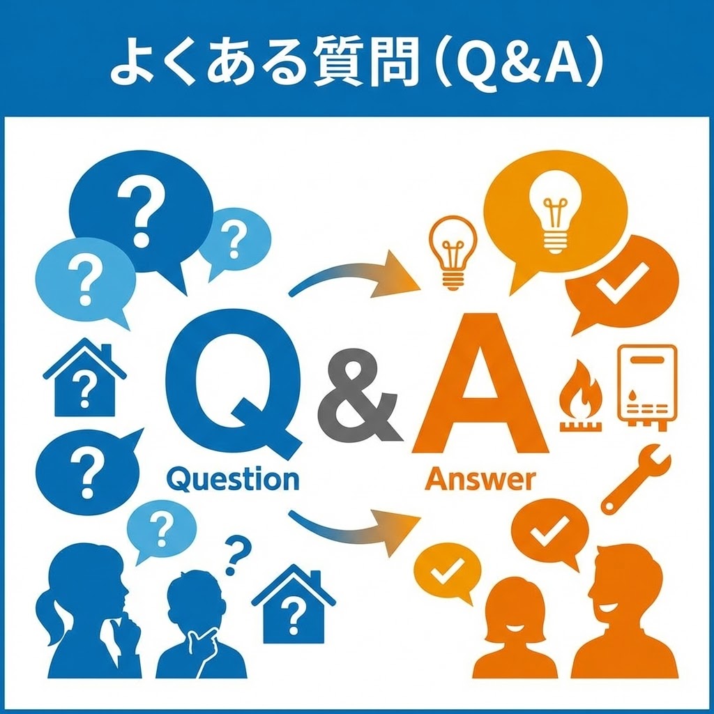 「よくある質問（Q&A）」というタイトルと、中央に大きく「Q&A」と書かれたイラスト。左側の青色エリアは質問（Question）を象徴し、はてなマークの吹き出しや考える人々が描かれている。右側のオレンジ色エリアは回答（Answer）を象徴し、電球やチェックマークの吹き出し、ガス器具や工具、笑顔の人々が描かれている。両者は矢印でつながり、質問から回答への流れを表現している。
