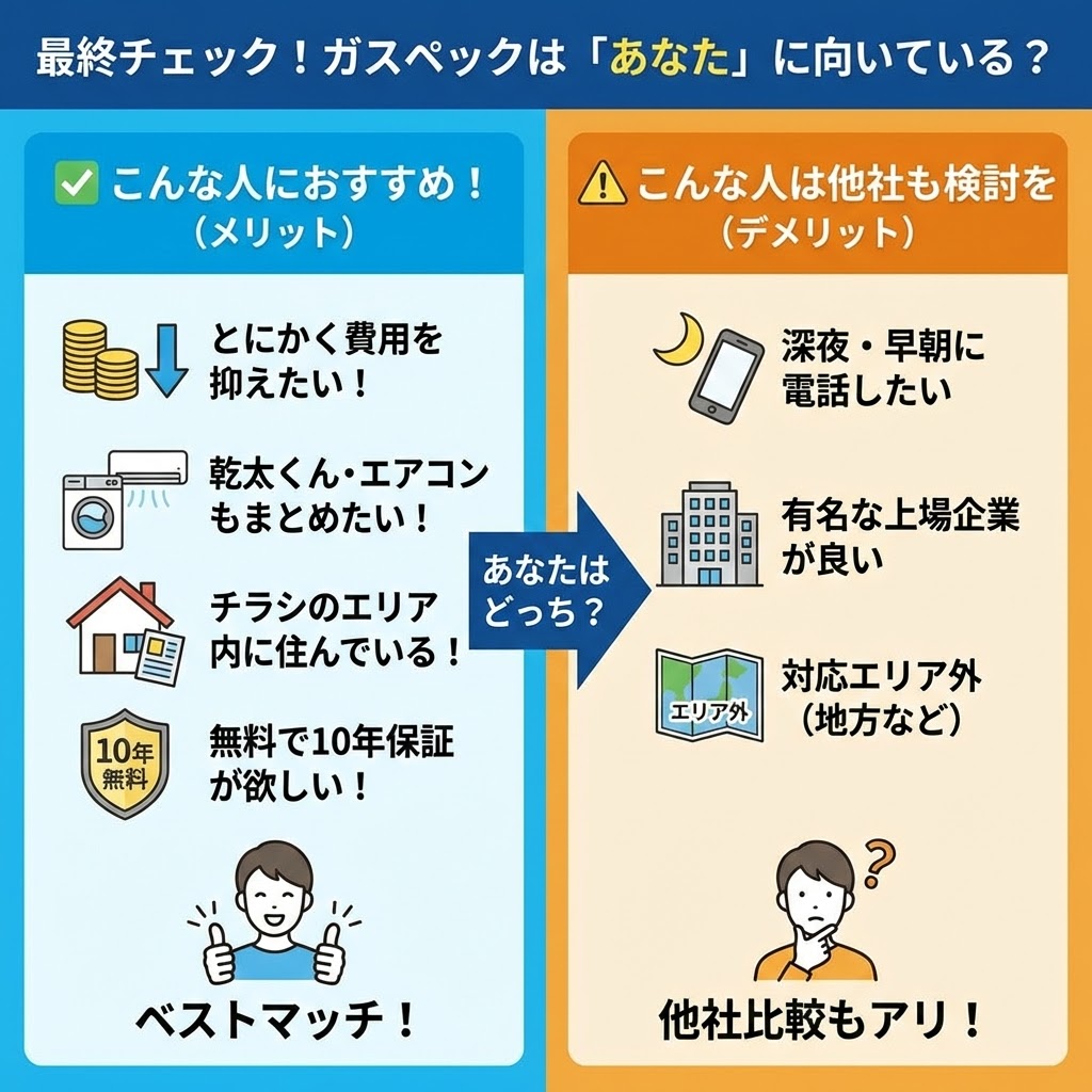 最終チェック！ガスペックは「あなた」に向いている？という対比図。「こんな人におすすめ！（メリット）」として、費用を抑えたい、乾太くん・エアコンもまとめたい、チラシのエリア内、無料で10年保証が欲しい人。「こんな人は他社も検討を（デメリット）」として、深夜・早朝に電話したい、有名な上場企業が良い、対応エリア外の人をリストアップしている。