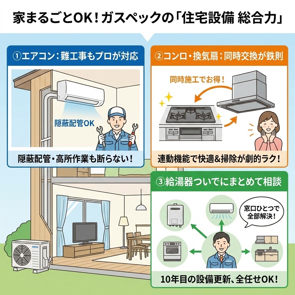ガスペックの住宅設備総合力を示すインフォグラフィック。①エアコンの隠蔽配管や高所作業への対応、②コンロとレンジフードの同時交換によるメリット、③給湯器を含めた住宅設備のまとめて相談窓口を図解。