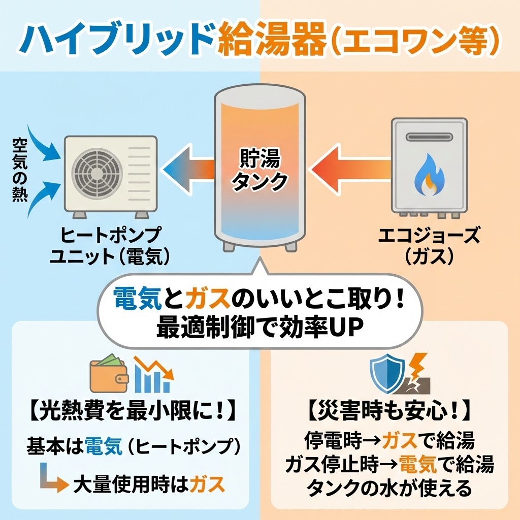 ハイブリッド給湯器（エコワン等）の仕組みとメリットを解説したインフォグラフィック。ヒートポンプ（電気）とエコジョーズ（ガス）を最適制御し、光熱費を最小限に抑える仕組みや、災害時に電気・ガスのどちらかが止まっても給湯可能でタンクの水も使えるという強みをイラストで分かりやすく説明している。