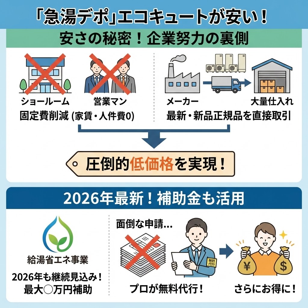 急湯デポのエコキュートが安い理由と2026年補助金情報の解説イラスト。上段ではショールームや営業マンの固定費を削減し、メーカーからの直接大量仕入れで最新・新品正規品を圧倒的低価格で提供する仕組みを図解。下段では2026年も継続見込みの給湯省エネ事業補助金（最大〇万円）について、面倒な申請をプロが無料代行し、さらにお得になる流れを説明している。