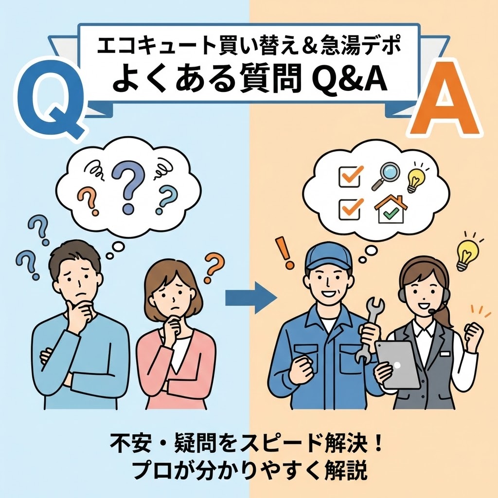 エコキュート買い替えと急湯デポに関するよくある質問（Q&A）のイメージイラスト。左側の青いエリアではユーザーが疑問や不安を抱えて悩む様子（Q）が、矢印で繋がれた右側のオレンジのエリアではプロのスタッフが解決策を提示し、分かりやすく解説している様子（A）が対比的に描かれている。下部には「不安・疑問をスピード解決！」というテキストがある。