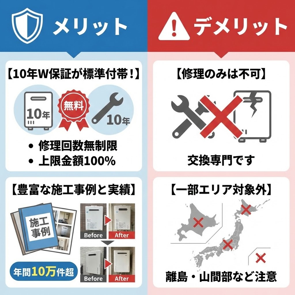 急湯デポに依頼するメリットとデメリットをまとめた比較表イラスト。左側の青い「メリット」欄には「10年W保証が標準付帯（修理回数無制限、上限金額100%）」「豊富な施工事例と実績（年間10万件超、ビフォーアフター写真）」が記載され、右側の赤い「デメリット」欄には「修理のみは不可（交換専門です）」「一部エリア対象外（離島・山間部など注意、北海道・沖縄の地図に×印）」が記載されている。