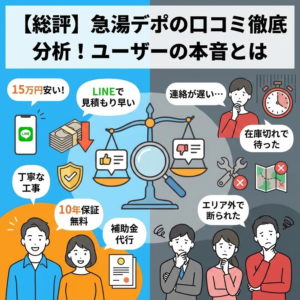 【総評】急湯デポの口コミ徹底分析！ユーザーの本音とは。左側の明るいエリアでは笑顔のユーザーが「15万円安い！」「LINEで見積もり早い」「丁寧な工事」「10年保証無料」「補助金代行」などのメリットを挙げ、右側の暗いエリアでは困った顔のユーザーが「連絡が遅い…」「在庫切れで待った」「エリア外で断られた」「修理は不可」などのデメリットを挙げている。中央の天秤と虫眼鏡で、これらの良い口コミと悪い口コミを比較検討しているイラスト。