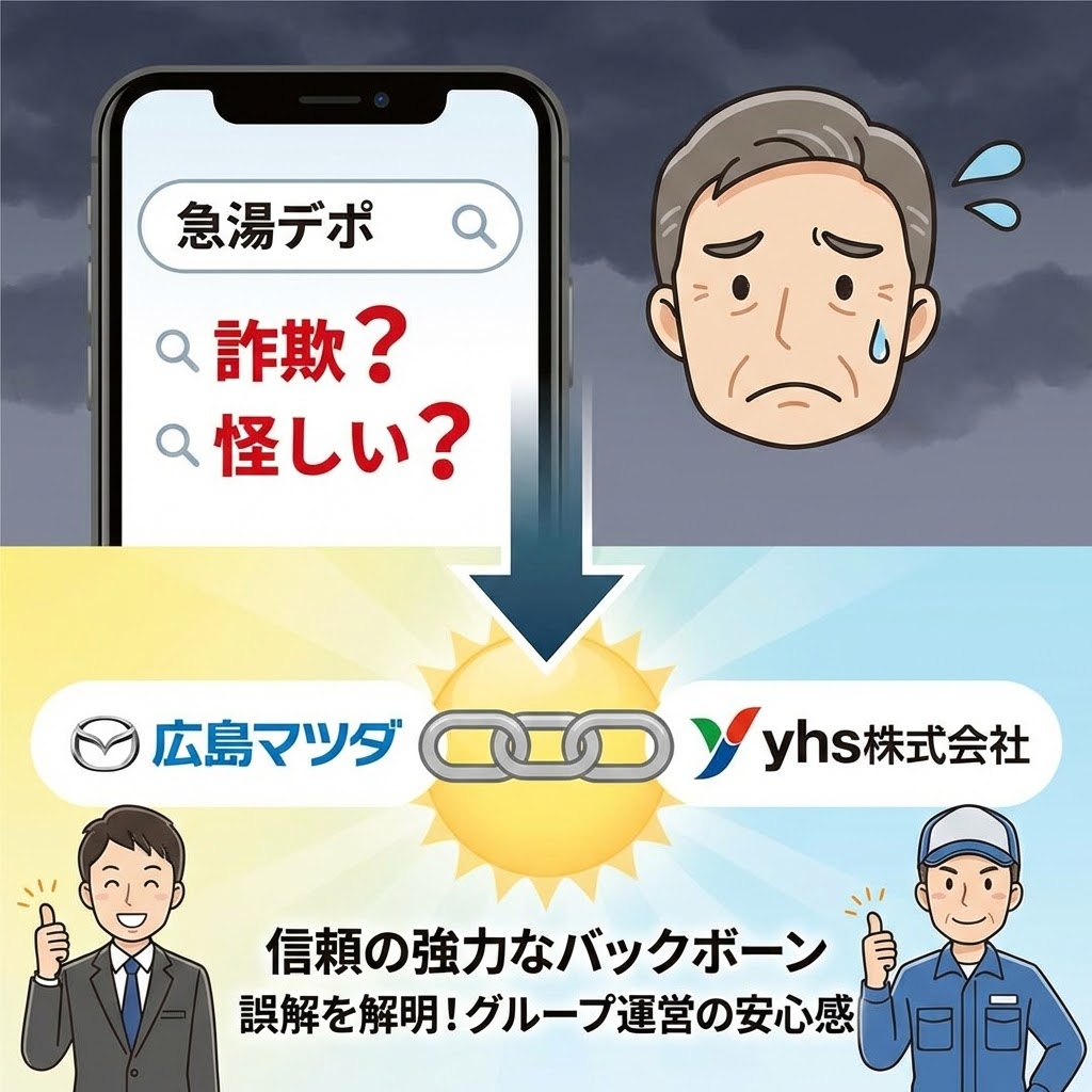 スマートフォンで「給湯デポ」と検索し、「詐欺？」「怪しい？」というサジェスト結果を見て不安な表情を浮かべる男性のイラスト（上部・暗い背景）。その下には、広島マツダとyhs株式会社のロゴが鎖で繋がれ、スーツの男性と作業服の男性が笑顔で「信頼の強力なバックボーン」「誤解を解明！グループ運営の安心感」とアピールしている明るいイラストがあり、不安が信頼へと変わる様子を対比的に表現している。