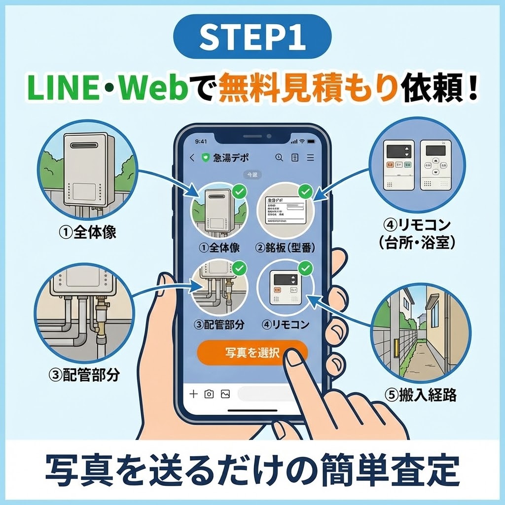 急湯デポの無料見積もり依頼STEP1のインフォグラフィック。LINEやWebで「①全体像」「②銘板（型番）」「③配管部分」「④リモコン（台所・浴室）」「⑤搬入経路」の5枚の写真をスマートフォンから送るだけで、簡単に査定ができる流れを図解している。