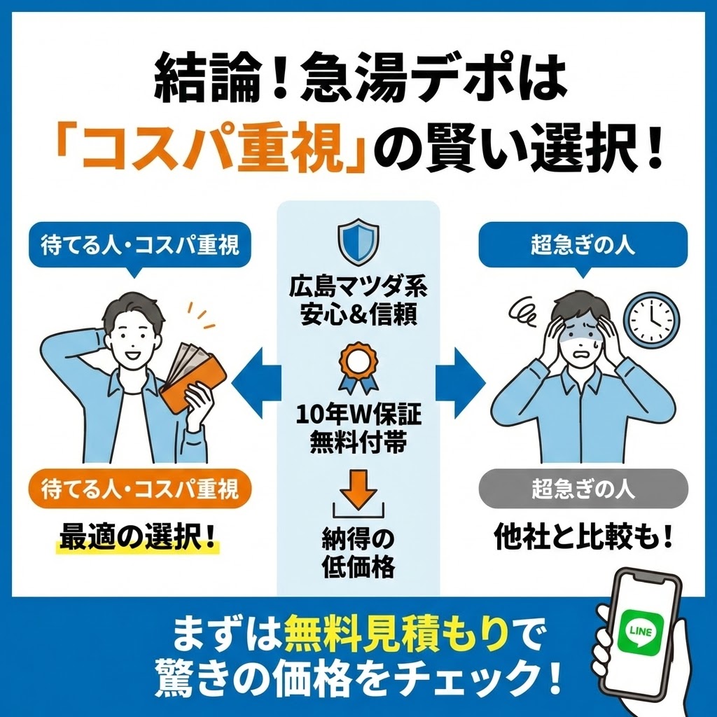 急湯デポのサービスまとめイラスト。「結論！急湯デポは『コスパ重視』の賢い選択！」というタイトルのもと、財布を持つ笑顔の男性（待てる人・コスパ重視）には「最適の選択！」、時計を見て焦る男性（超急ぎの人）には「他社と比較も！」と案内。中央には「広島マツダ系 安心＆信頼」「10年W保証 無料付帯」「納得の低価格」というメリットが示され、下部でLINEを使った無料見積もりを促している。