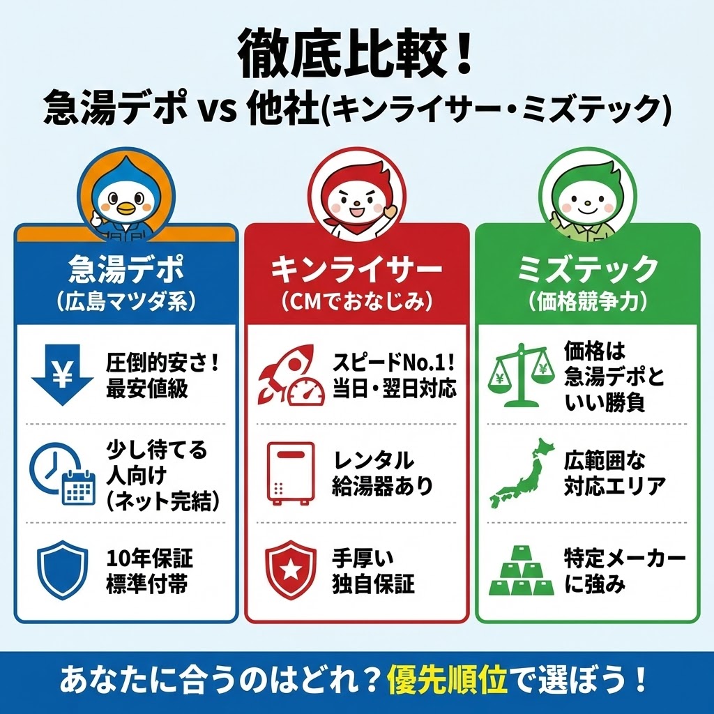 給湯器交換業者3社を比較したイラスト表。タイトルは「徹底比較！急湯デポ vs 他社（キンライサー・ミズテック）」。左の青い列は「急湯デポ（広島マツダ系）」で、ペンギンのキャラと共に「圧倒的安さ！最安値級」「少し待てる人向け（ネット完結）」「10年保証標準付帯」と特徴を記載。中央の赤い列は「キンライサー（CMでおなじみ）」で、赤い服のキャラと共に「スピードNo.1！当日・翌日対応」「レンタル給湯器あり」「手厚い独自保証」と記載。右の緑の列は「ミズテック（価格競争力）」で、緑の服のキャラと共に「価格は急湯デポといい勝負」「広範囲な対応エリア」「特定メーカーに強み」と記載。下部には「あなたに合うのはどれ？優先順位で選ぼう！」というメッセージがある。