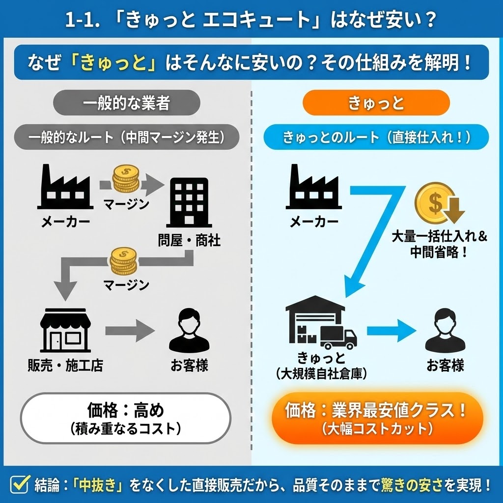 図解:「1-1. 『きゅっと エコキュート』はなぜ安い?その仕組みを解明!」。左側の「一般的な業者」ではメーカーから問屋、販売店を経由する中間マージンにより価格が高くなるルートを図示。右側の「きゅっと」では、メーカーから大規模自社倉庫への直接大量一括仕入れにより中間流通を省略し、業界最安値クラスの大幅コストカットを実現するルートを図示。結論として、「中抜き」をなくした直接販売が、品質そのままで驚きの安さを実現する理由であることを解説している。