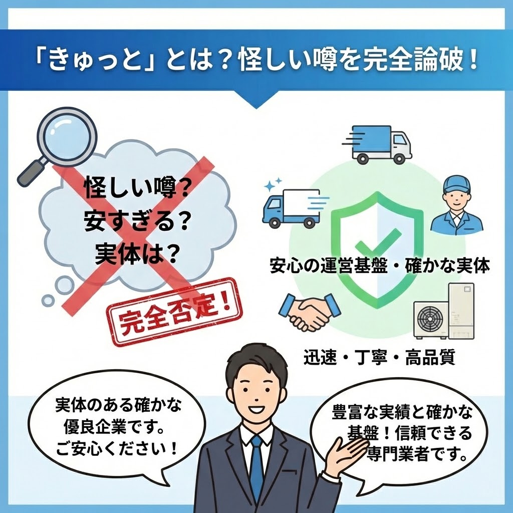 図解:「きゅっと」とは?怪しい噂を完全論破!左側では「怪しい噂?安すぎる?実体は?」という疑問を虫眼鏡で調査し、赤字で「完全否定!」とスタンプ。右側では盾のアイコンと共に「安心の運営基盤・確かな実体」「迅速・丁寧・高品質」を示す配送トラック、作業員、握手、エコキュートのイラストを配置。下部では編集長田中が「実体のある確かな優良企業です。ご安心ください!」「豊富な実績と確かな基盤!信頼できる専門業者です。」と保証している様子を描写。