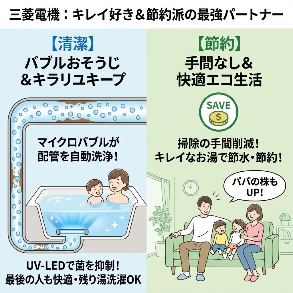 三菱電機のエコキュートの特徴を解説したインフォグラフィック。「キレイ好き＆節約派の最強パートナー」として、左側には【清潔】機能の「バブルおそうじ」（マイクロバブルによる配管自動洗浄）と「キラリユキープ」（UV-LEDによる菌抑制、残り湯洗濯OK）を図解。右側には【節約】メリットとして、掃除の手間削減、節水・節約による快適エコ生活、そして家族の団らん（パパの株UP）をイラストで表現している。