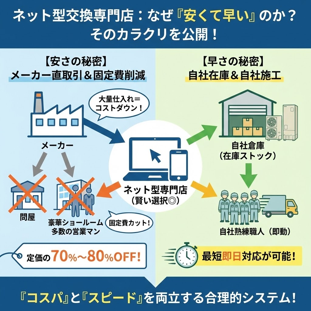 ネット型交換専門店が「安くて早い」理由を解説した図解。【安さの秘密】はメーカー直取引と大量仕入れによるコストダウン、問屋や豪華ショールーム、多数の営業マンをカットした固定費削減により、定価の70%～80%OFFを実現。【早さの秘密】は自社倉庫での在庫ストックと自社熟練職人による即動体制で、最短即日対応が可能であることをイラストで示している。「コスパ」と「スピード」を両立する合理的なシステムである。