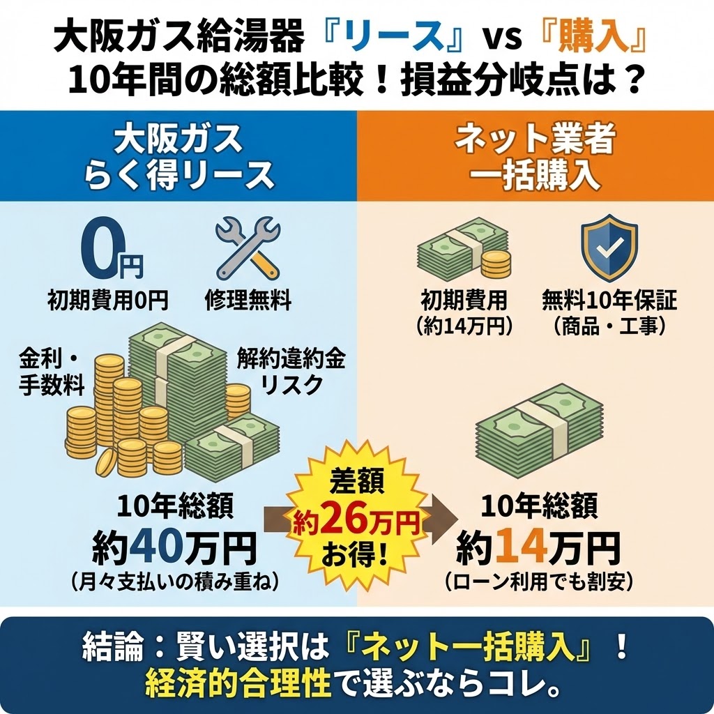 大阪ガス給湯器の「らく得リース」とネット業者での「一括購入」を10年間の総支払額で比較したインフォグラフィック。リースは初期費用0円だが金利・手数料で総額約40万円となり、解約リスクもある。一方、一括購入は初期費用約14万円で無料10年保証が付き、総額も約14万円で済む。その差額は約26万円となり、経済的合理性からネット一括購入が賢い選択であると結論付けている比較図。