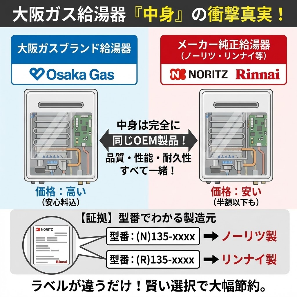 大阪ガスブランドの給湯器とノーリツ・リンナイなどのメーカー純正給湯器が、中身は完全に同じOEM製品であることを示す比較図。価格は大阪ガスが高いが品質・性能は同じであり、型番（(N)はノーリツ、(R)はリンナイ）で製造元が確認できる証拠を提示し、賢い選択を促している。