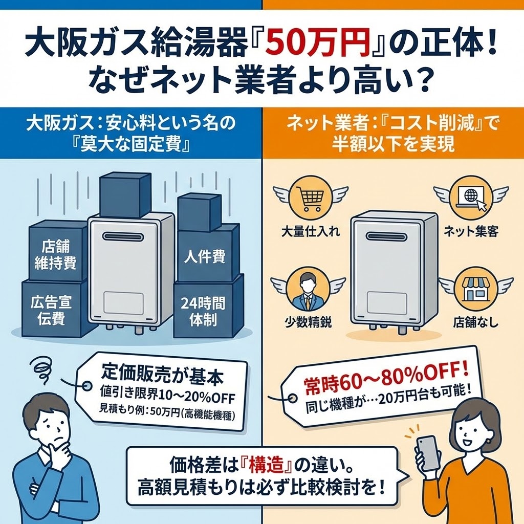 大阪ガス給湯器交換の見積もりが50万円など高額になる理由を、ネット業者と比較して解説したインフォグラフィック。大阪ガスは店舗維持費や人件費などの固定費がかさみ定価販売が基本だが、ネット業者は大量仕入れや店舗なしでコストを削減し、同じ機種を60～80%OFFで提供できる構造の違いを図解。高額な見積もりは必ず比較検討するよう促している。