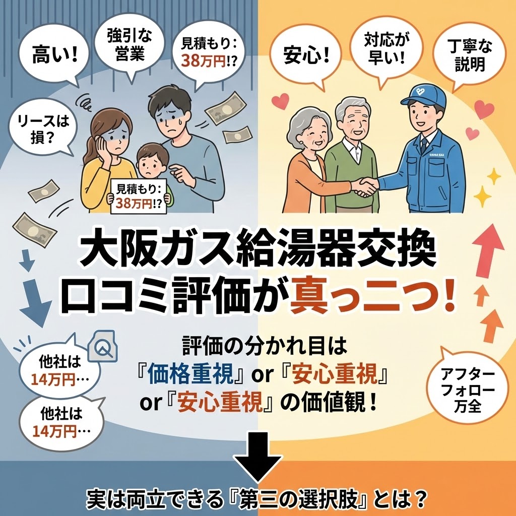 大阪ガス給湯器交換の口コミが「価格重視」と「安心重視」で真っ二つに分かれる様子を示したインフォグラフィック。左側は高額な見積もりや強引な営業に対する不満の声、右側は迅速な対応や丁寧な説明による安心感を評価する声を描写。価値観の違いが評価の分かれ目であることを解説し、両立できる第三の選択肢を示唆している。