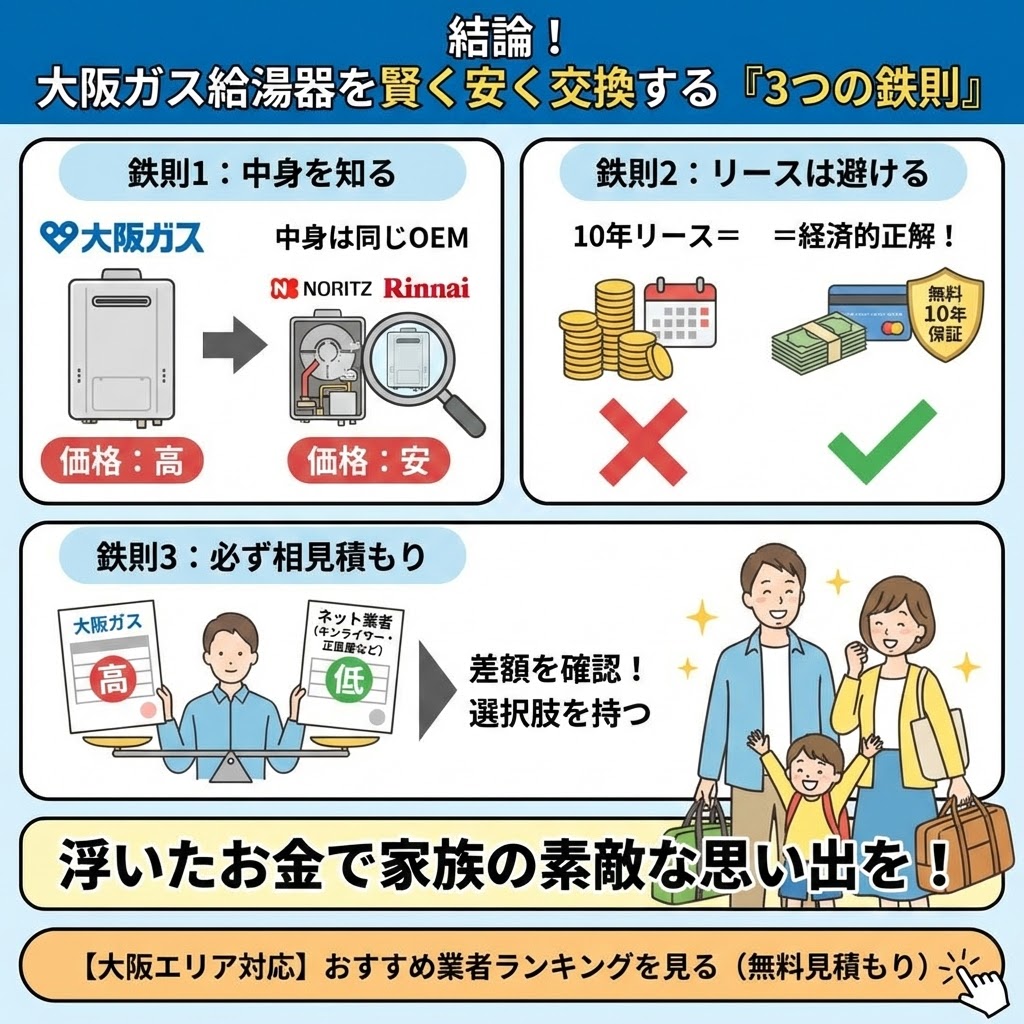 大阪ガス給湯器を賢く安く交換する結論「3つの鉄則」まとめ図。鉄則1：中身は同じOEMで安い、鉄則2：リースは避けネット一括購入、鉄則3：必ず相見積もりで差額確認。浮いたお金での家族の思い出作りと、おすすめ業者ランキングへの誘導を記載。