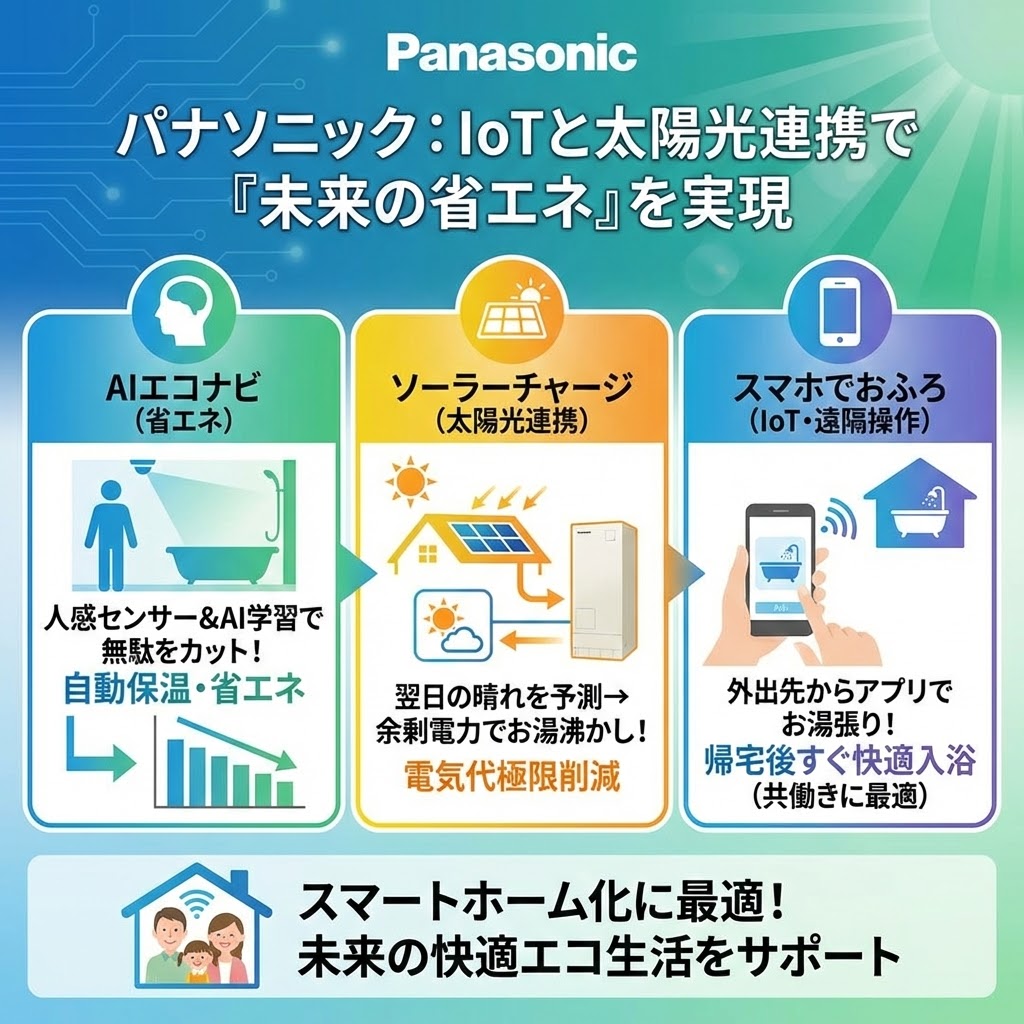 パナソニックのエコキュート機能解説インフォグラフィック。「IoTと太陽光連携で『未来の省エネ』を実現」というタイトルの下、3つの特徴を図解。左側は「AIエコナビ（省エネ）」で、人感センサーとAI学習により無駄をカットし自動保温する仕組み。中央は「ソーラーチャージ（太陽光連携）」で、翌日の晴れを予測し余剰電力でお湯を沸かして電気代を削減する仕組み。右側は「スマホでおふろ（IoT・遠隔操作）」で、外出先からアプリでお湯張りができ、共働き世帯などに最適であること。下部には「スマートホーム化に最適！未来の快適エコ生活をサポート」というメッセージと、スマートホームで暮らす家族のイラストが描かれている。