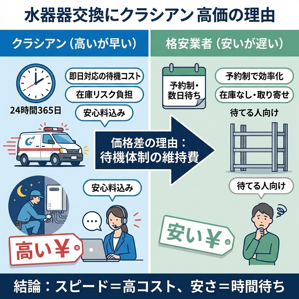 図解：給湯器交換でクラシアンが高い理由。左側はクラシアンで、24時間365日の待機コストや在庫リスク負担により価格は高いがスピード対応が可能であることを示すイラスト。右側は格安業者で、予約制や在庫なしで効率化し価格は安いが時間がかかることを示すイラスト。中央に「価格差の理由：待機体制の維持費」、下部に「結論：スピード＝高コスト、安さ＝時間待ち」と記載されている。