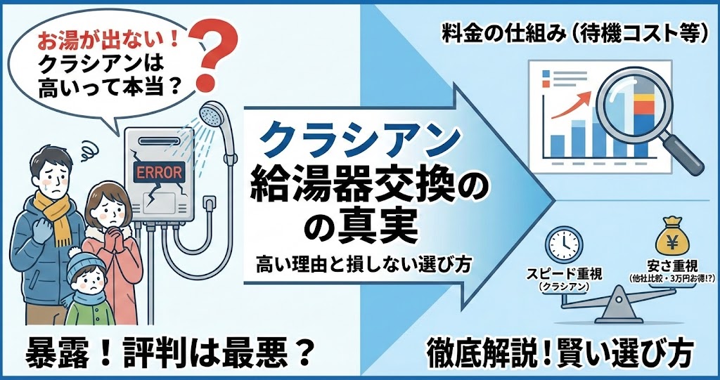 アイキャッチ画像：クラシアン給湯器交換の真実を暴露。お湯が出ず困る家族のイラストと共に、『評判は最悪？高い理由は？』という疑問を提示。右側では料金の仕組み（待機コスト）をグラフで示し、スピード重視と安さ重視（3万円損しない）の選び方を天秤で比較解説している。