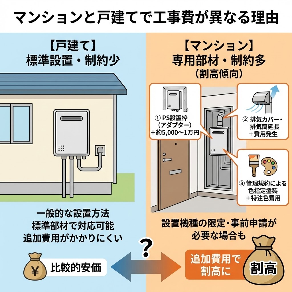 マンションと戸建てでガス給湯器の工事費が異なる理由を解説したインフォグラフィック。左側の戸建ては「標準設置・制約少」で比較的安価、右側のマンションは「専用部材・制約多」でPS設置枠、排気カバー、色指定塗装などの追加費用が発生し割高になる傾向があることを、それぞれのイラストとテキストで対比して説明している。