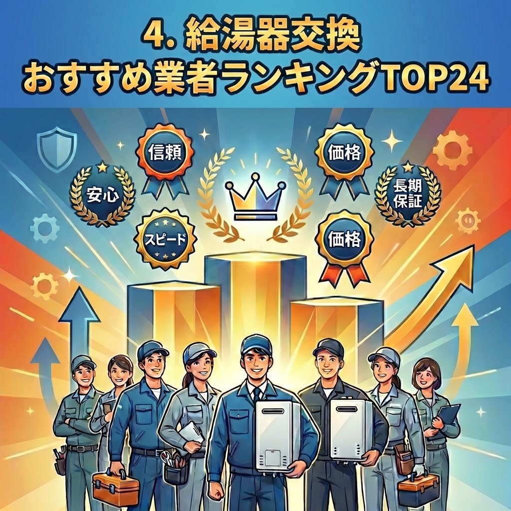 給湯器交換おすすめ業者ランキングTOP24のイラスト。信頼、安心、スピード、価格、長期保証のバッジが輝く表彰台の前に、給湯器や工具を手にした多数の専門業者のスタッフが自信に満ちた様子で並んでいる。