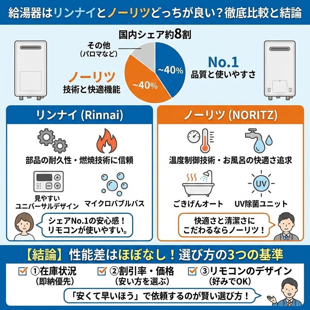 給湯器メーカーのリンナイとノーリツを比較したインフォグラフィック。国内シェア約8割を占める両社の特徴（リンナイは品質と耐久性、使いやすいリモコン。ノーリツは技術力、温度制御、快適機能）を図解。結論として基本性能に大きな差はなく、在庫状況、価格、リモコンのデザインで選ぶ基準を示し、「安くて早いほう」で依頼するのが賢い選び方であると解説している。