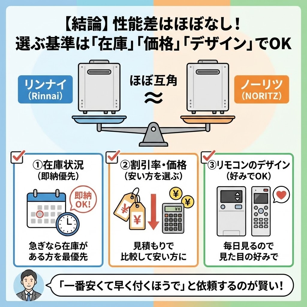 給湯器メーカーのリンナイとノーリツを比較した結論のインフォグラフィック。両社の性能差はほぼ互角であるため、選ぶ基準として「在庫状況（即納優先）」「割引率・価格（見積もり比較で安い方）」「リモコンのデザイン（好みでOK）」の3点をイラスト付きで推奨。「一番安くて早く付くほうで」と業者に依頼するのが賢い選び方であると解説している。