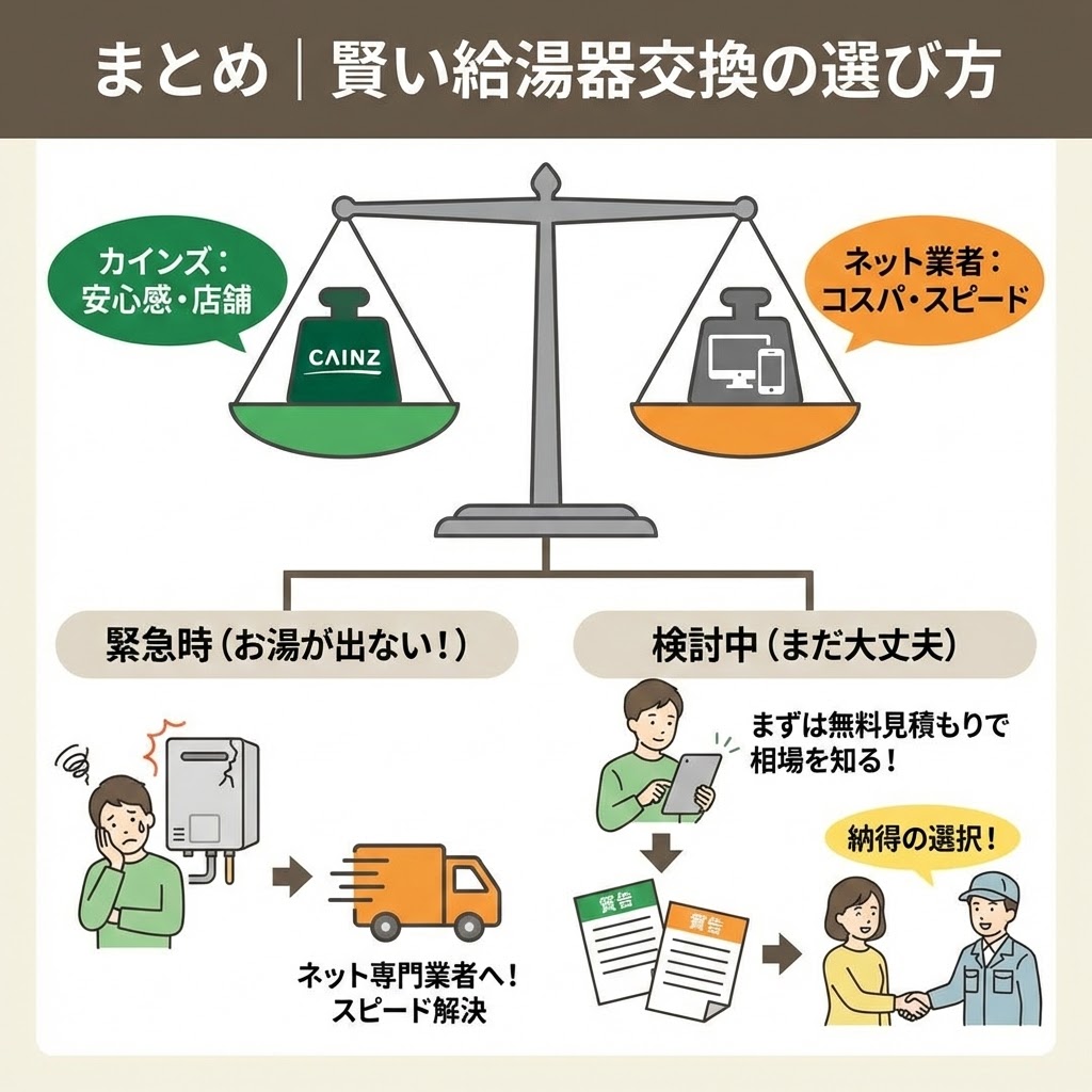 【まとめ】賢い給湯器交換の選び方を図解したイラスト。上部の天秤では「カインズ（安心感・店舗）」と「ネット業者（コスパ・スピード）」を比較。下部では、お湯が出ない「緊急時」はネット専門業者でのスピード解決を、まだ大丈夫な「検討中」は無料見積もりで相場を知り、納得して業者を選ぶ流れを推奨している。
