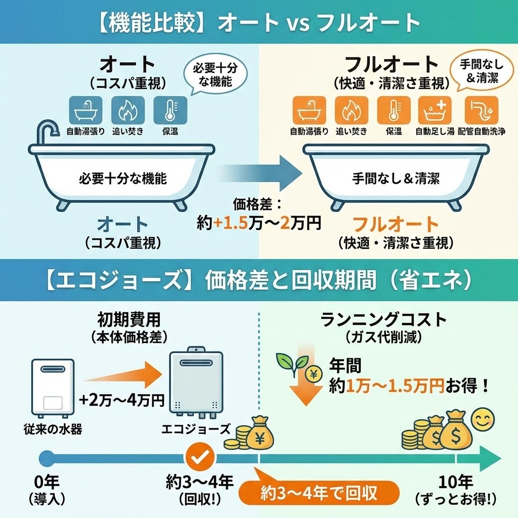 給湯器の機能比較（オートとフルオートの違いと約1.5万〜2万円の価格差）と、省エネ型給湯器エコジョーズの初期費用差（+2万〜4万円）と年間ガス代削減額（約1万〜1.5万円）による回収期間（約3〜4年）を図解したインフォグラフィック。