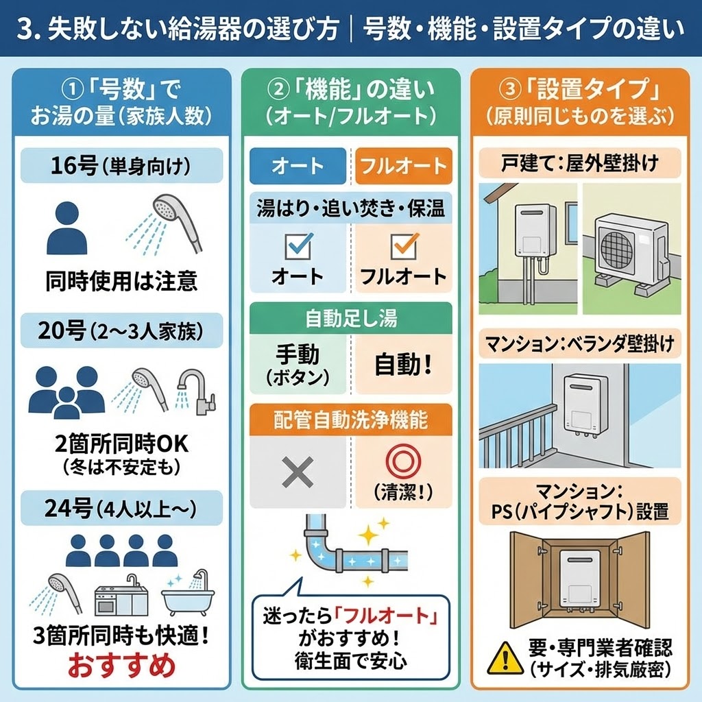 失敗しない給湯器の選び方｜号数（家族人数別のお湯の量：16号・20号・24号）、機能（オートとフルオートの違い：自動足し湯・配管自動洗浄）、設置タイプ（戸建て屋外壁掛け・据え置き、マンションベランダ壁掛け・PS設置）の3つのポイントを解説したインフォグラフィック。