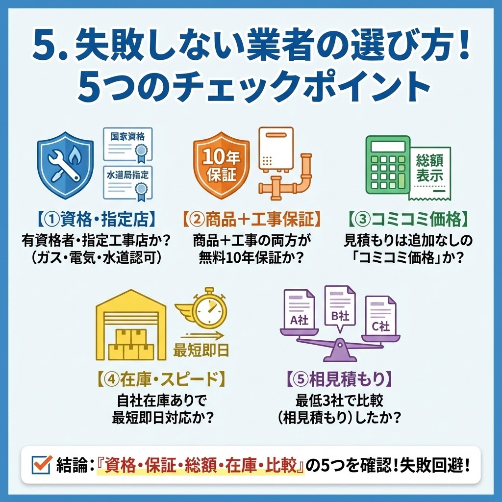 「失敗しない給湯器業者の選び方！5つのチェックポイント」をまとめたインフォグラフィック。①資格・指定店（有資格者、ガス・電気・水道認可）、②商品＋工事保証（両方無料10年保証）、③コミコミ価格（追加なし総額表示）、④在庫・スピード（自社在庫、最短即日対応）、⑤相見積もり（最低3社比較）の5つの重要項目を確認することで、給湯器交換の業者選びでの失敗を回避できるという結論がイラスト付きで分かりやすく解説されている。