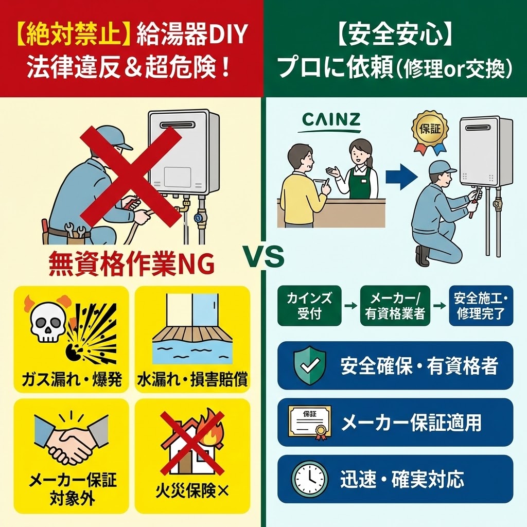 【絶対禁止】給湯器DIYの危険性と法律違反リスク（ガス漏れ・爆発、水漏れ、メーカー保証・火災保険対象外）を警告する左側のイラストと、【安全安心】カインズを通じて有資格者のプロに修理・交換を依頼するメリット（安全確保、保証適用、迅速対応）を解説する右側のイラストの比較図解。