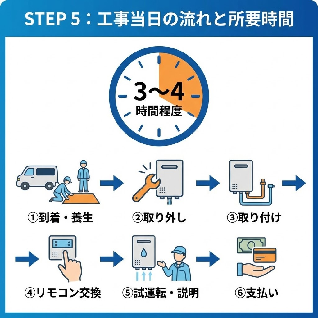 給湯器交換工事当日の流れと所要時間を示したインフォグラフィック。所要時間は時計のイラストで3～4時間程度と表示。作業工程はイラスト付きで、①到着・養生、②既存給湯器の取り外し、③新しい給湯器の取り付け、④リモコン交換、⑤試運転と操作説明、⑥支払いの6ステップ順に進むことを図解している。