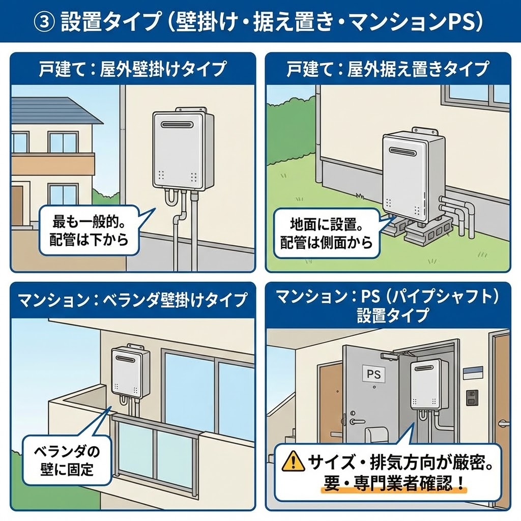 給湯器の設置タイプ（壁掛け・据え置き・マンションPS）を解説したインフォグラフィック。戸建て屋外壁掛けタイプ（最も一般的、配管は下から）、戸建て屋外据え置きタイプ（地面に設置、配管は側面から）、マンションベランダ壁掛けタイプ、マンションPS（パイプシャフト）設置タイプ（サイズ・排気方向が厳密、要専門業者確認）の4種類の設置場所と特徴がイラストで示されている。