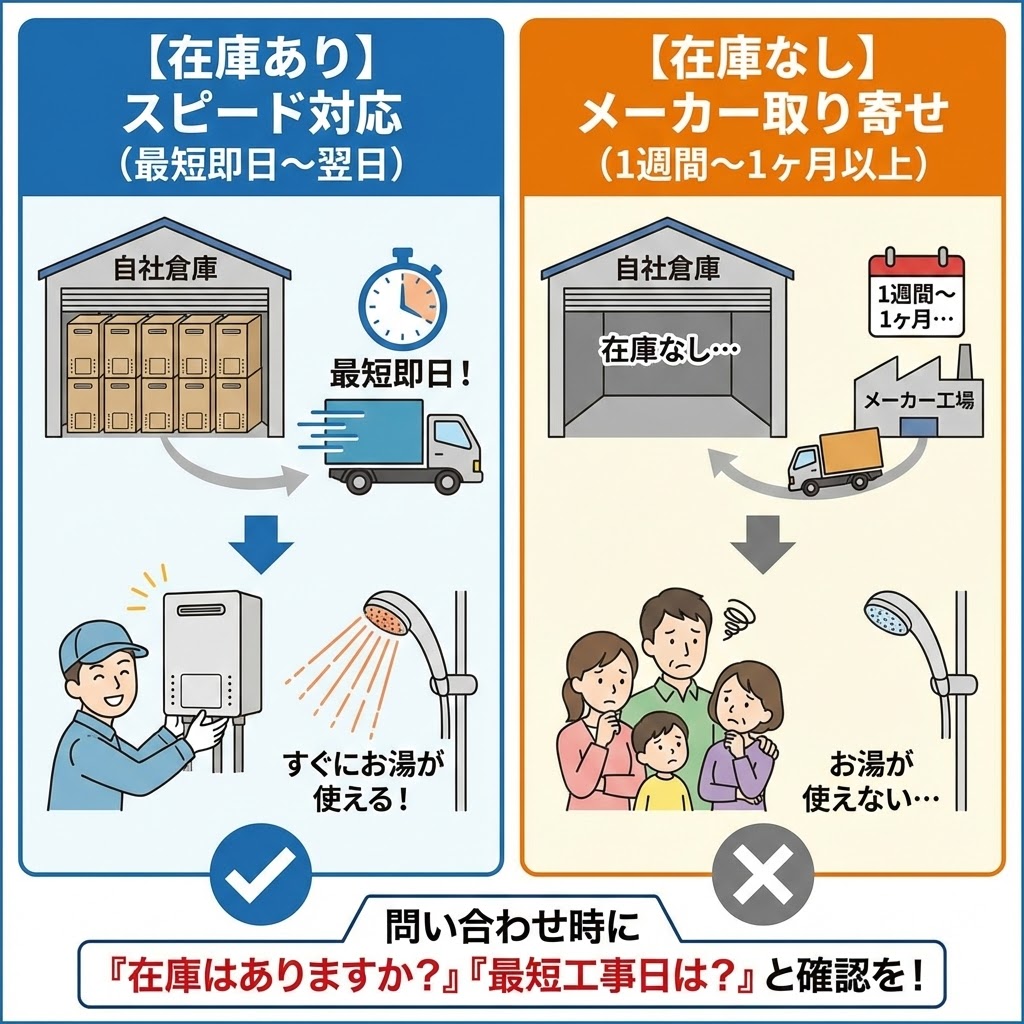 給湯器の在庫状況と対応スピードを比較したインフォグラフィック。「在庫あり」は最短即日対応ですぐにお湯が使える一方、「在庫なし」はメーカー取り寄せで1週間以上かかりお湯が使えない状況をイラストで対比し、問い合わせ時の確認を促している。