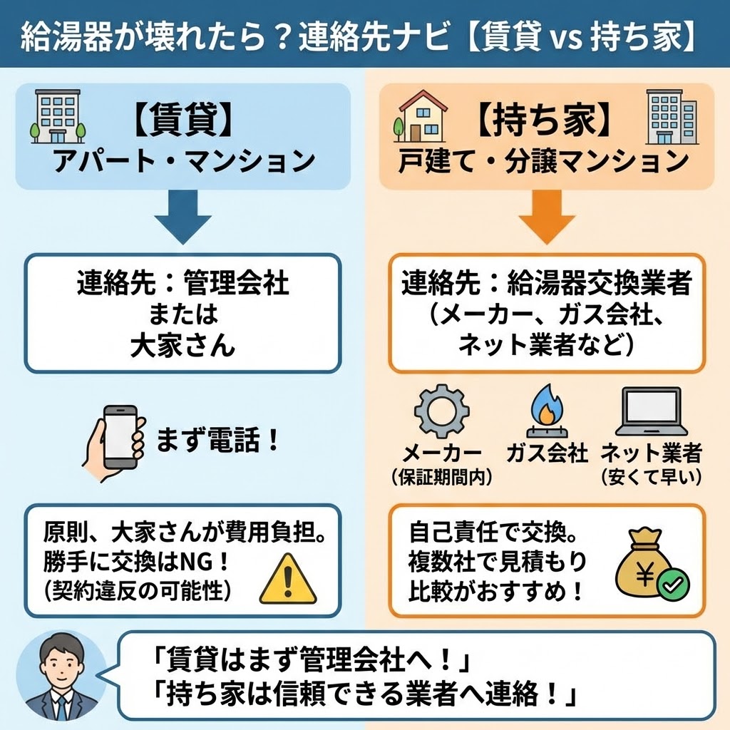 給湯器が壊れた際の連絡先を賃貸と持ち家で比較したインフォグラフィック。賃貸（アパート・マンション）の場合は管理会社または大家さんに連絡し、原則大家さんが費用を負担するため勝手な交換はNGと説明。持ち家（戸建て・分譲マンション）の場合は給湯器交換業者（メーカー、ガス会社、ネット業者）に連絡し、自己責任で交換するため複数社での見積もり比較がおすすめと解説している。