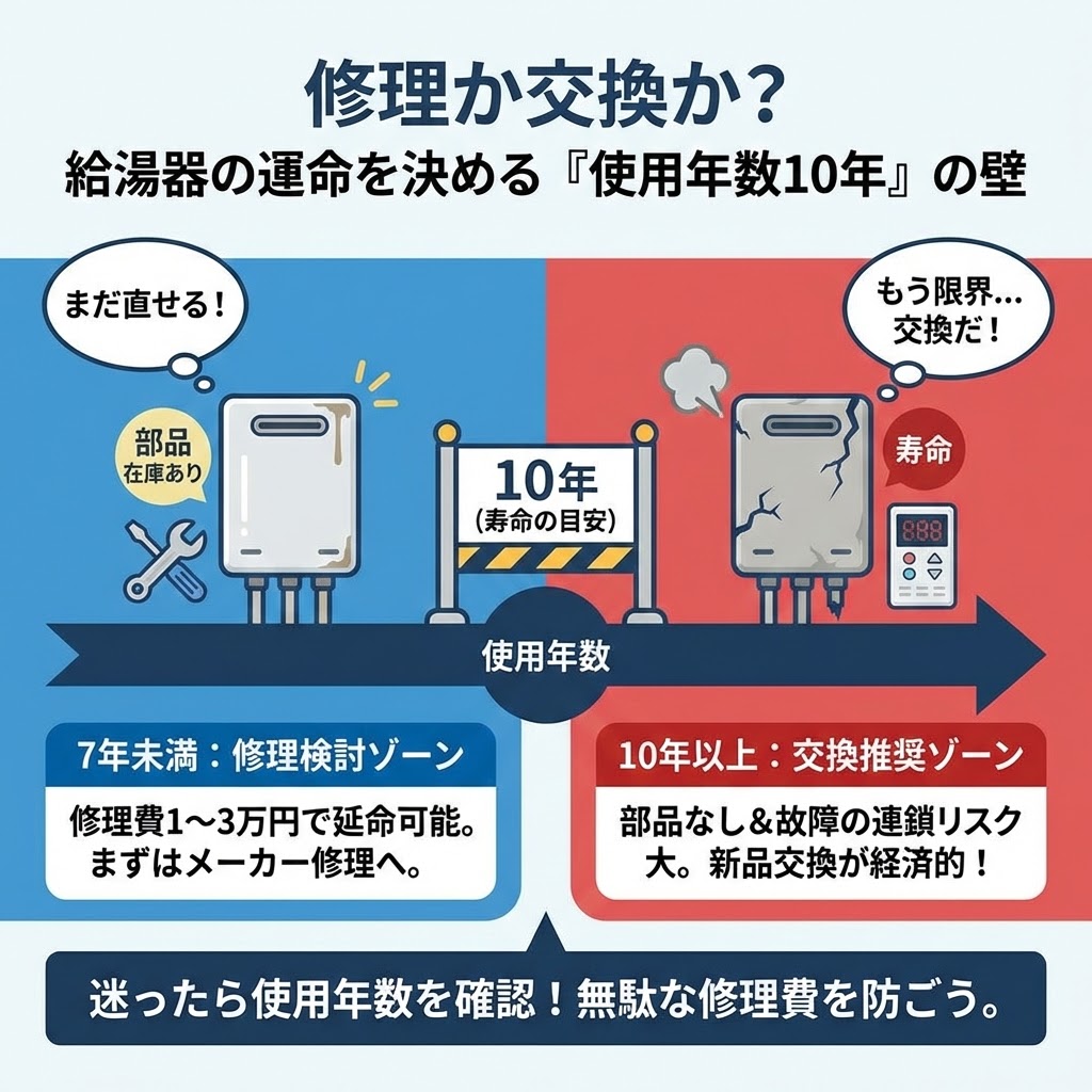 給湯器の修理と交換の判断基準を解説したインフォグラフィック。「修理か交換か？給湯器の運命を決める『使用年数10年』の壁」というタイトルで、使用年数7年未満は部品在庫があり修理で延命可能な「修理検討ゾーン」、10年以上は寿命を迎え部品もなく故障リスクが高いため「交換推奨ゾーン」と分類。無駄な修理費を防ぐために使用年数を確認するよう促す比較図。